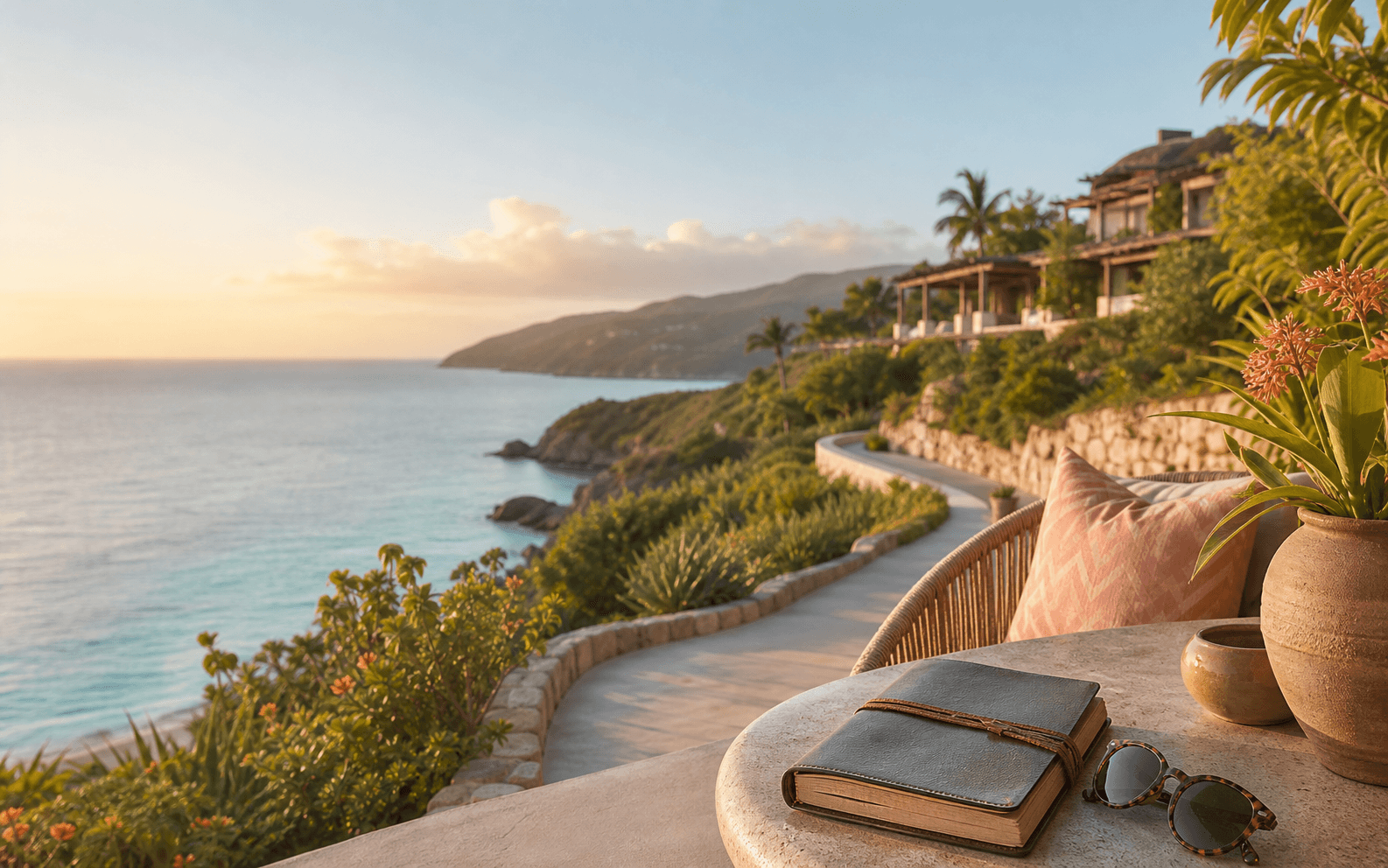 A peaceful coastal resort at golden hour with a travel journal ready for planning
